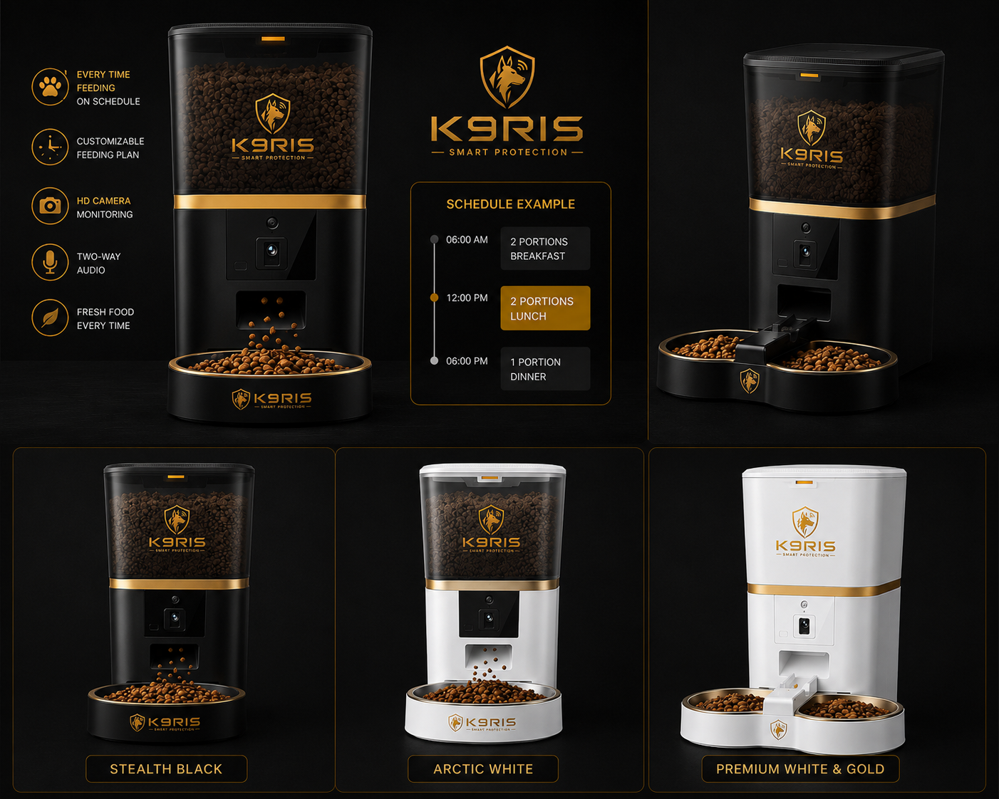 K9RIS Smart Dual Pet Feeder - Stealth Black and Premium White & Gold color variants