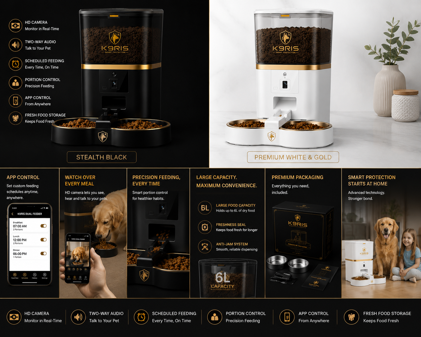 K9RIS Smart Dual Pet Feeder - 3 colorways Stealth Black Arctic White Premium White & Gold