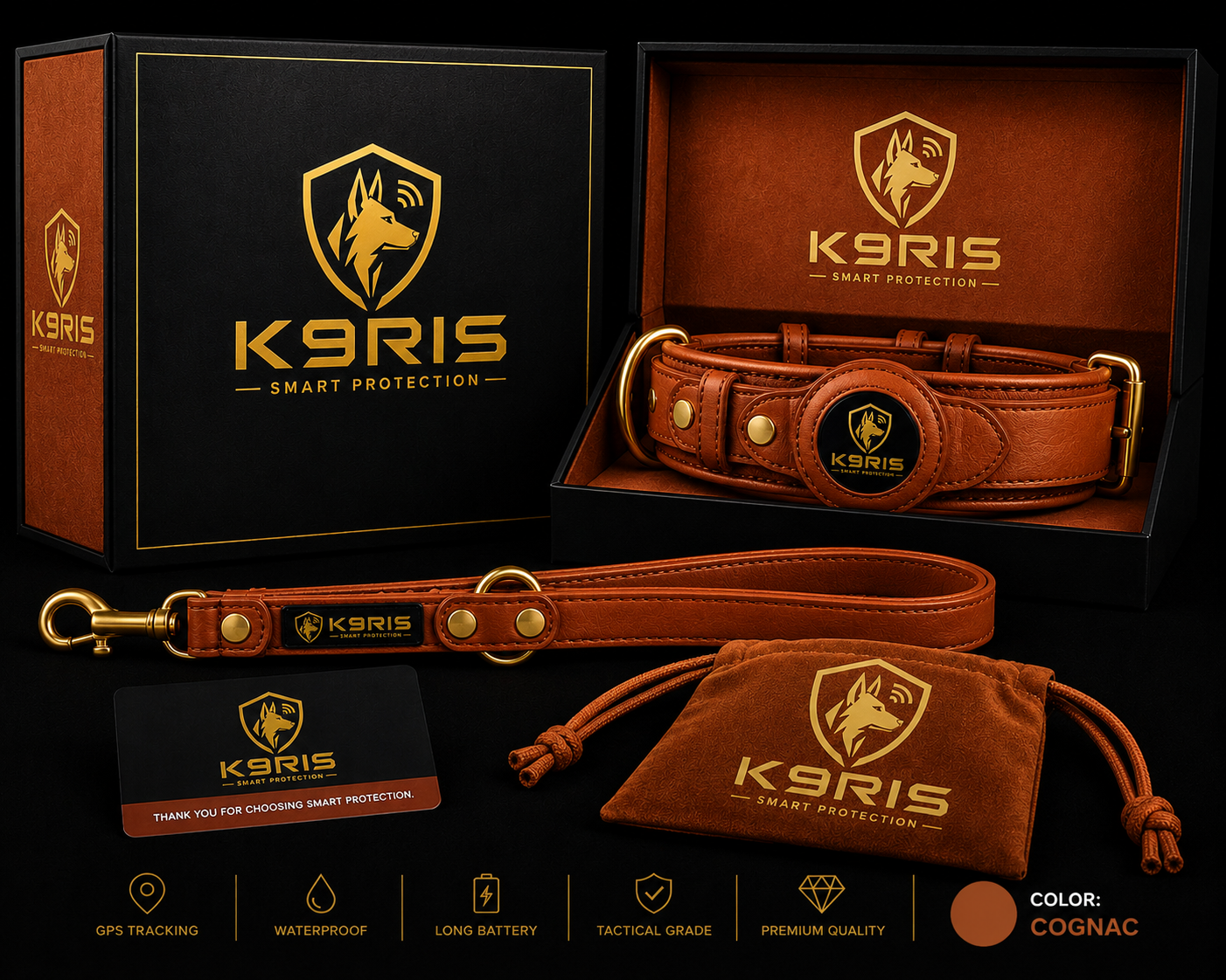 K9RIS Heritage™ Leather AirTag Collar + Leash Set
