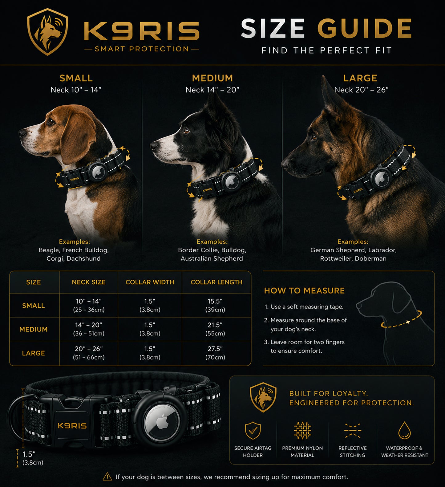 K9RIS Tactical AirTag Collar product display — all color options shown