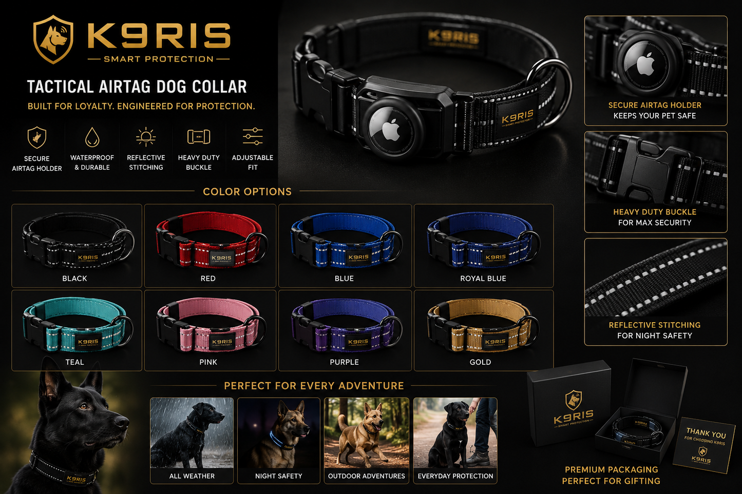 K9RIS Puppy Protection Collar durable quick-release buckle and D-ring hardware